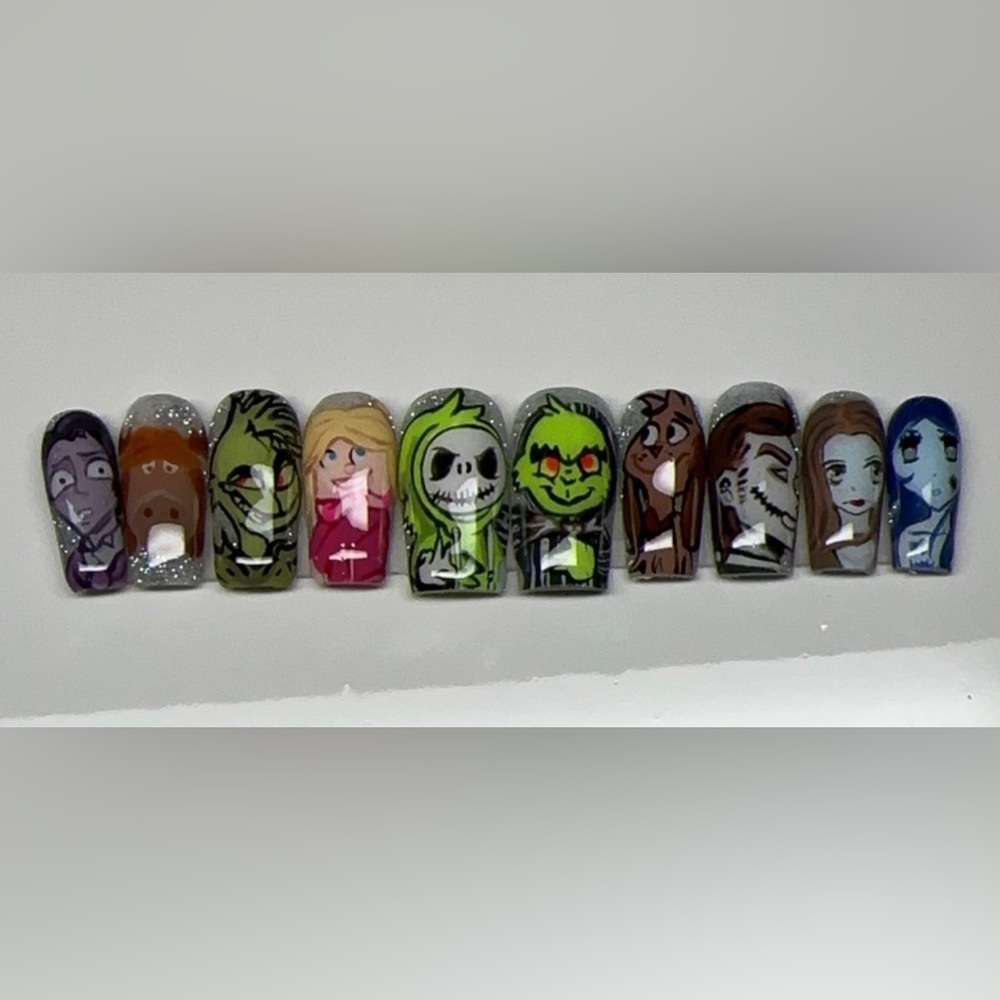 Grinch,jack skellington,sally,victor and Emily, Cindy-Lou,max and Fred press ons